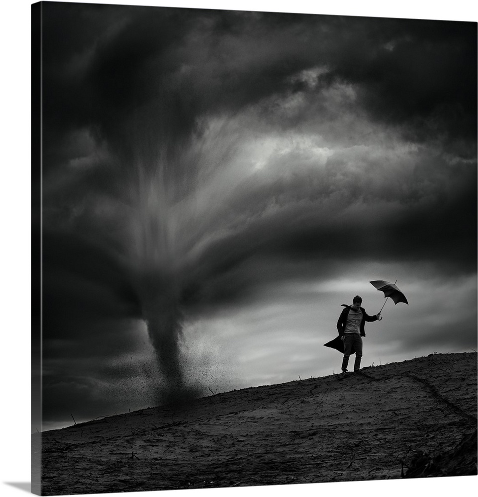 A man with an umbrella being blown away by a nearby tornado.