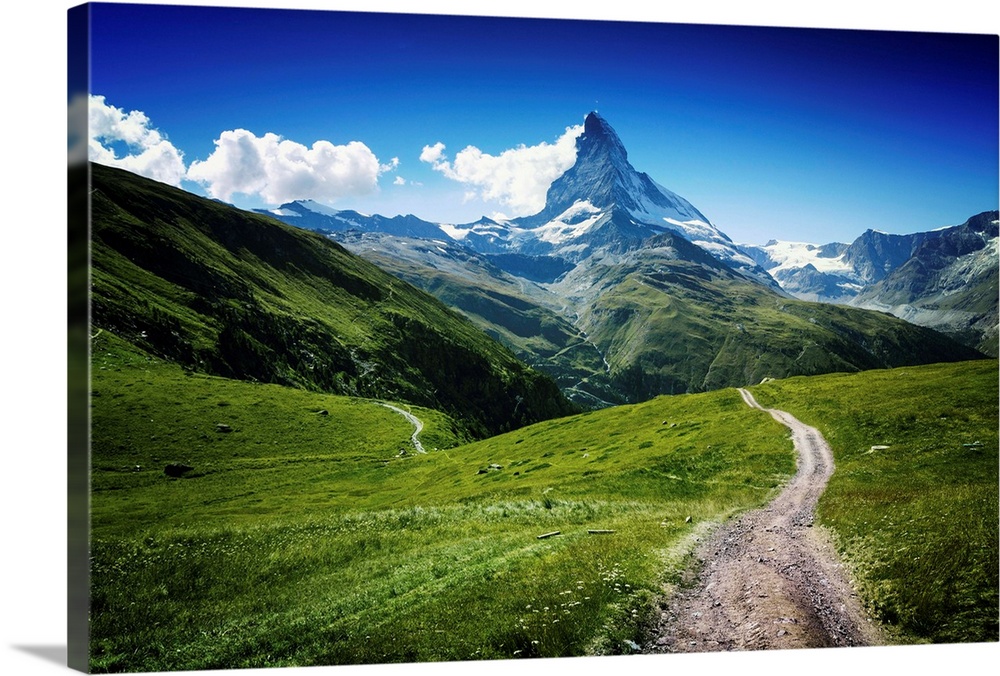 A serene countryside and mountain vista of the Matterhorn in Switzerland.