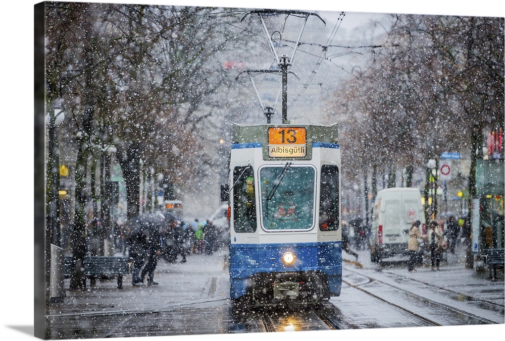 The streets of Zurich becoming covered in a layer of snow, Switzerland.