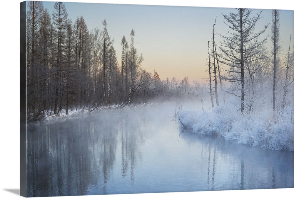 Misty river on a winter morning near Changbai Mountain, China.