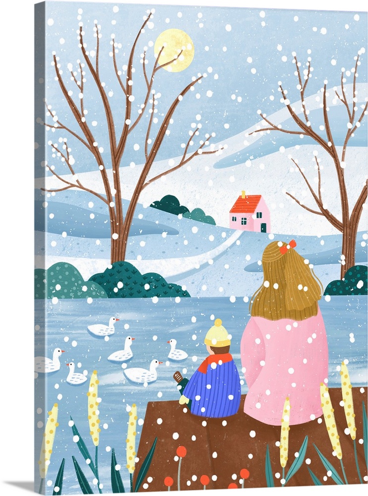 Mother And Child At Winter Lake