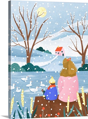 Mother And Child At Winter Lake