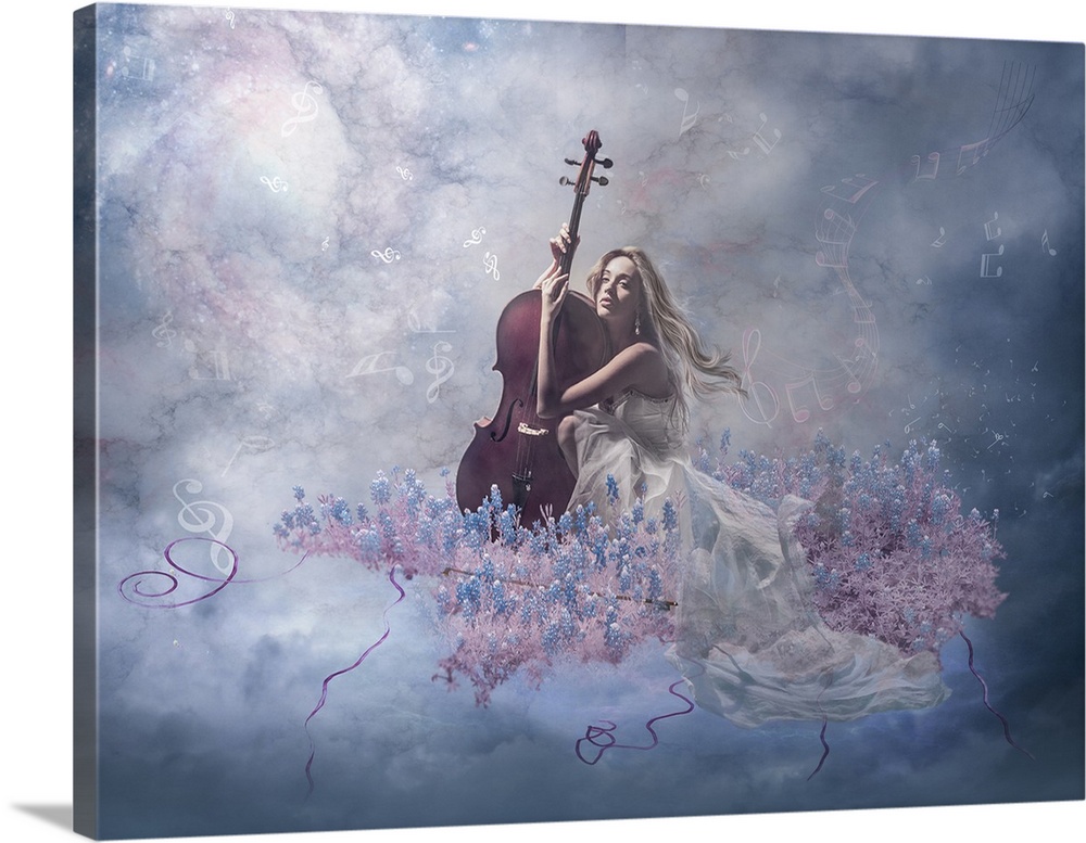 A woman holding a cello among flowers with music notes floating around her.