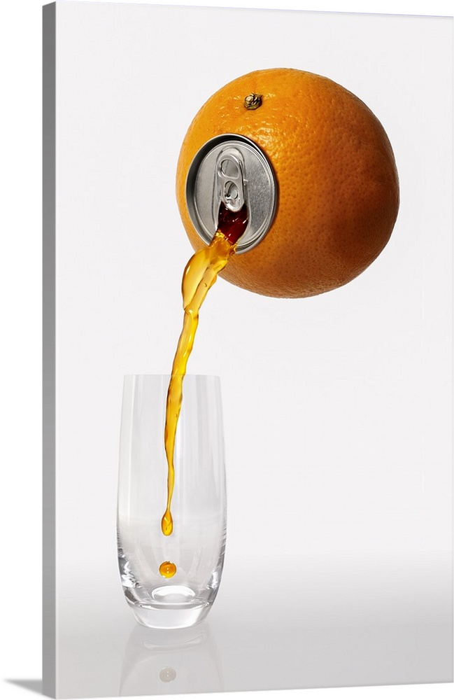 Juice from an orange with a pop-top being poured into a glass.