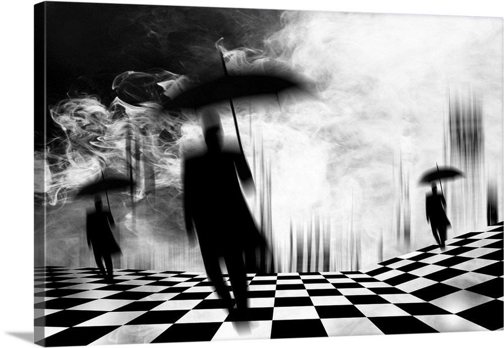 Conceptual image of dark figures with umbrellas on a checkered field, with smoke in the air.