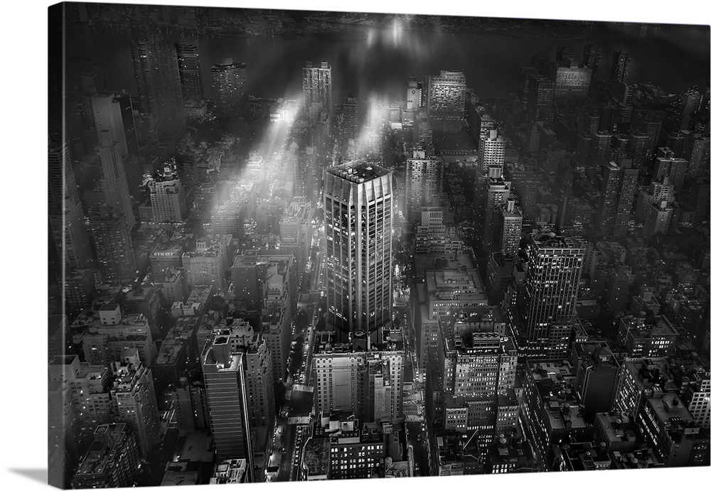 View of New York city from up high lit in high contrast.
