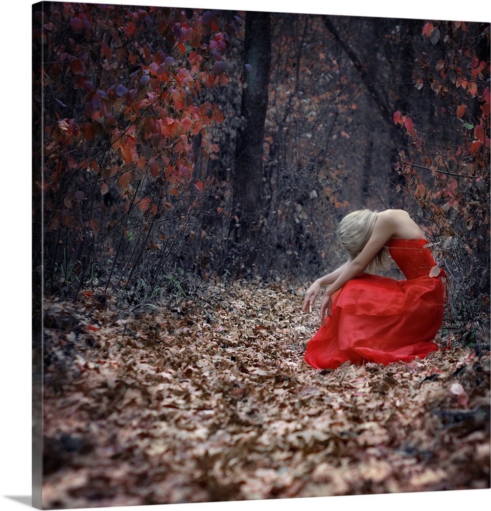 A portrait of a woman with blond hair wearing a red dress, and sitting in a forest surrounded by autumn foliage.