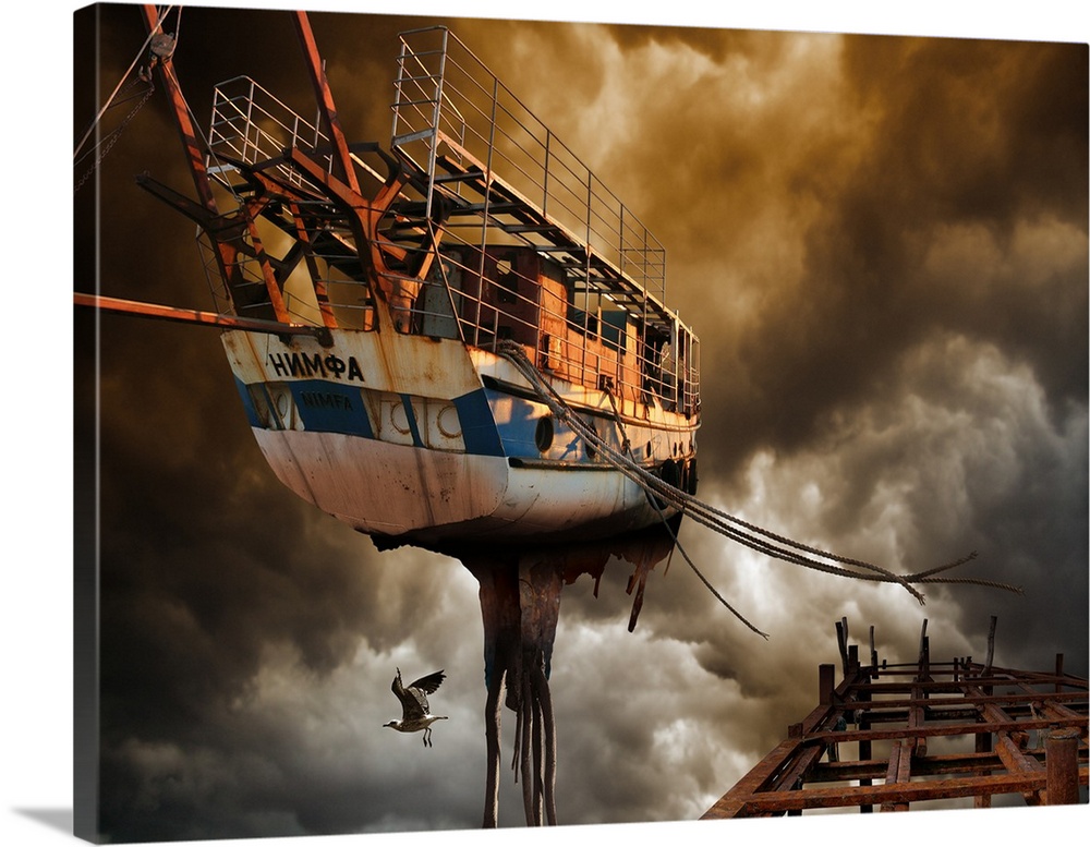 Conceptual artwork of a derelict fishing boat flying into the clouds.