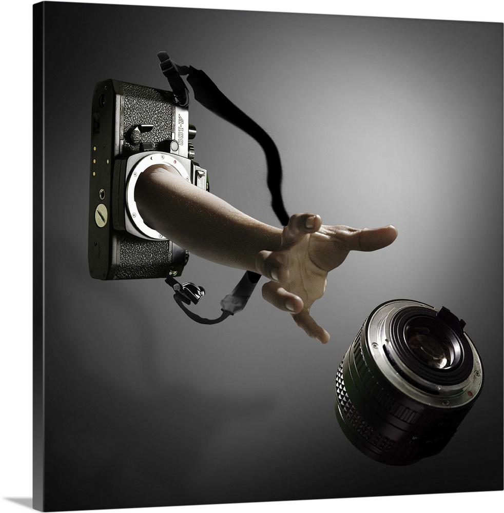 Conceptual image of an arm reaching out of a film camera towards a falling lens.
