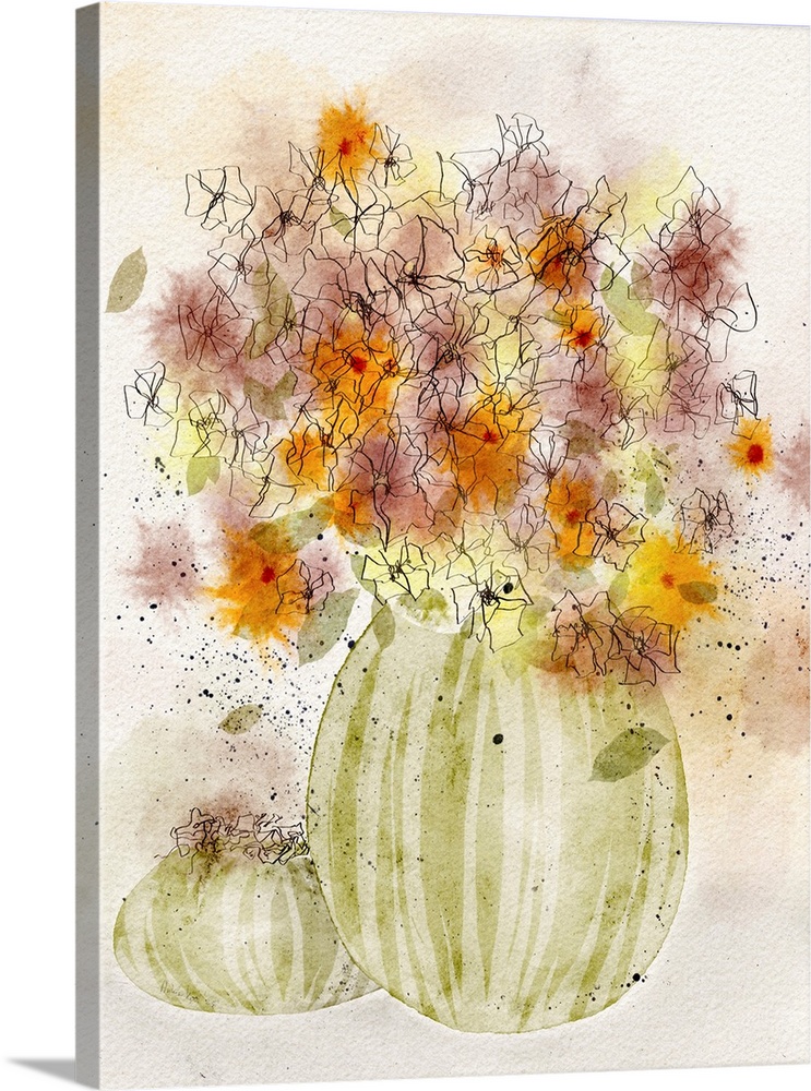 Orange And Yellow Flowers In A Striped Vase