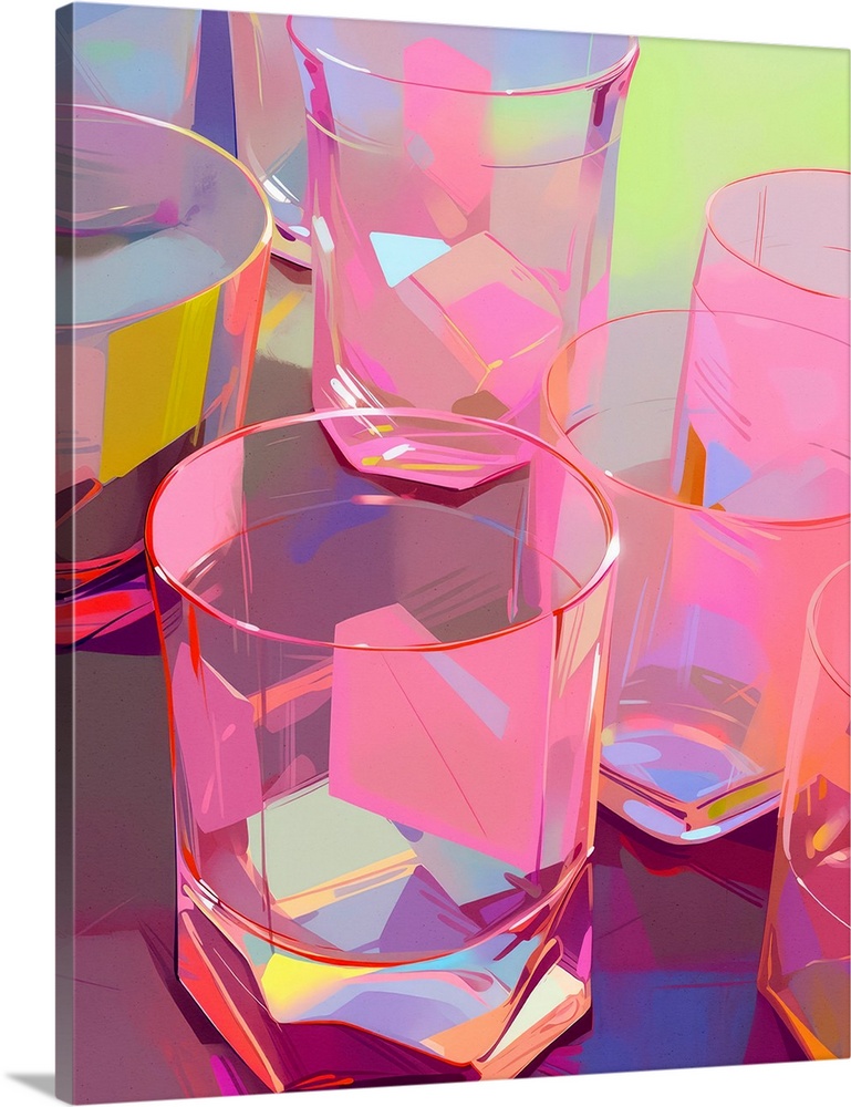A pop art style illustration of pink rocks glasses on a table. A bright and trendy interpretation of bar art.