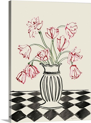 Pink Tulips In A Vase With Checkered Diamonds