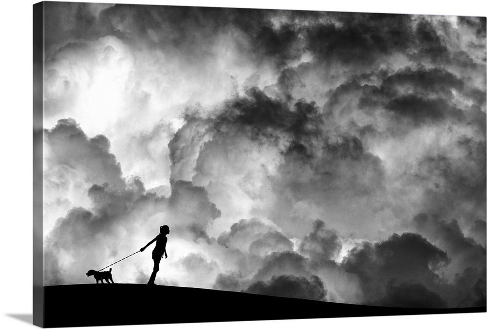 A girl holding a dog on a leash in silhouette against a background of dramatic clouds.