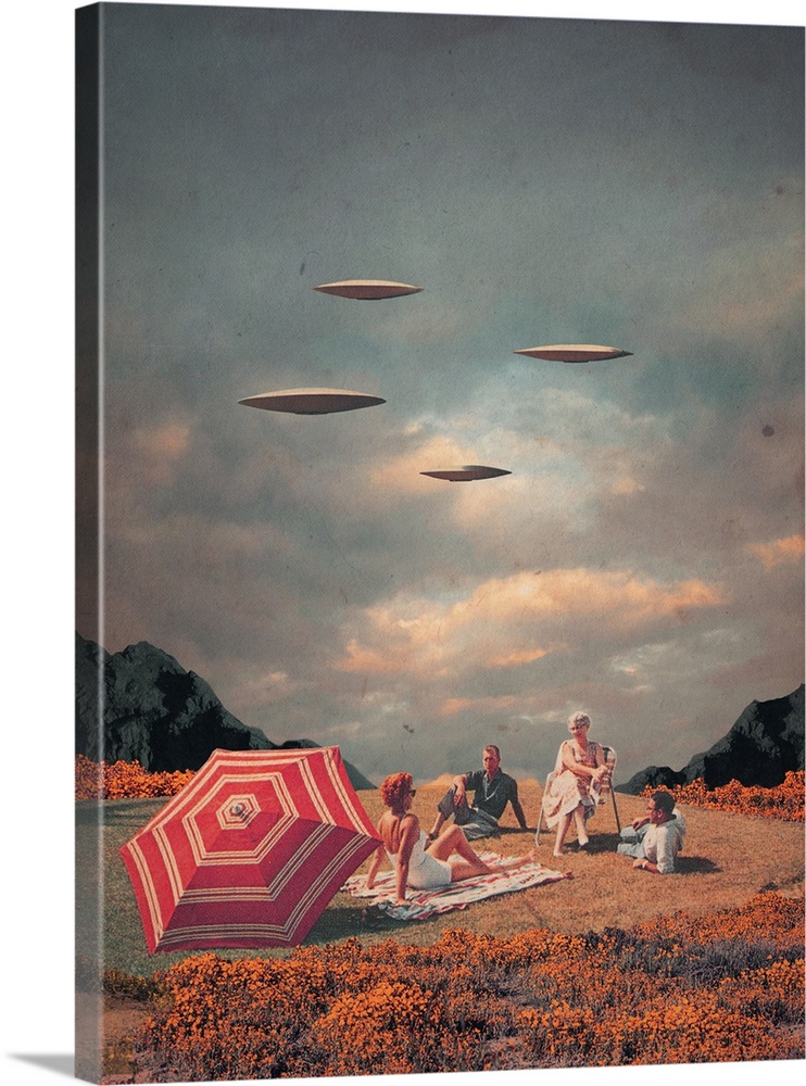 A retrofuturism surrealist collage featuring two couples having a picnic in a field while flying saucers fill the sky abov...