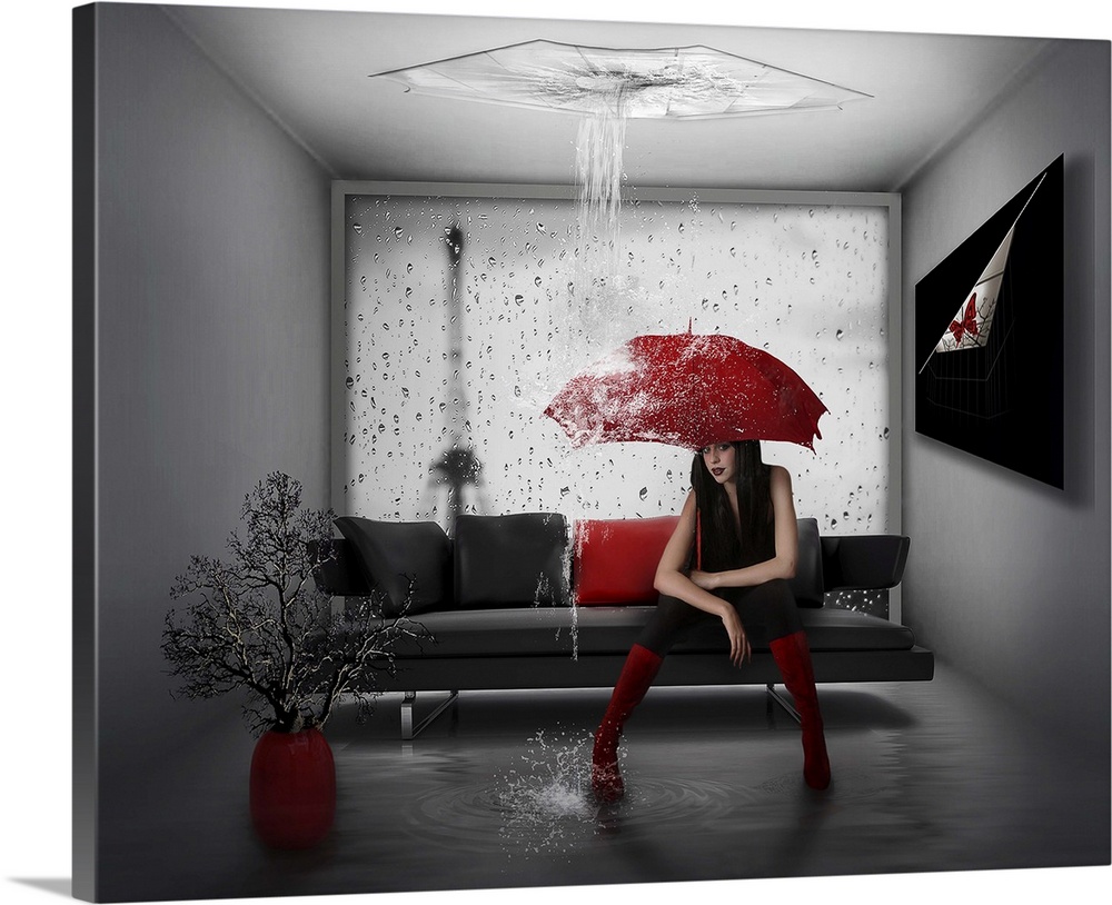 Conceptual image of a woman with a red umbrella in a room filling up with water.