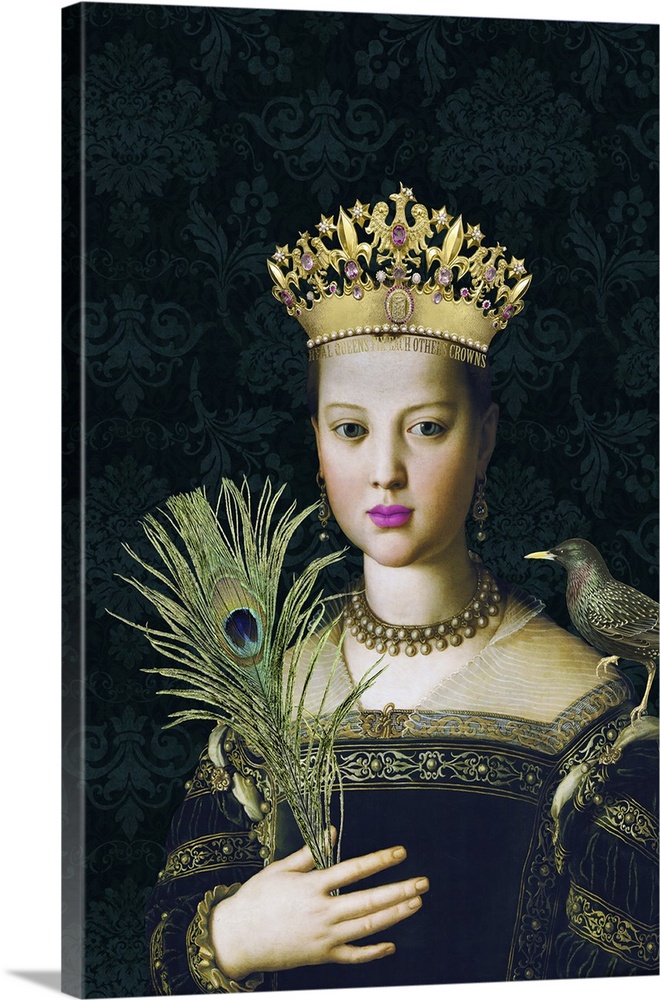 Collage with historical portrait of a woman, bird, peacock feather and golden crown with inscription "Real queens fix each...