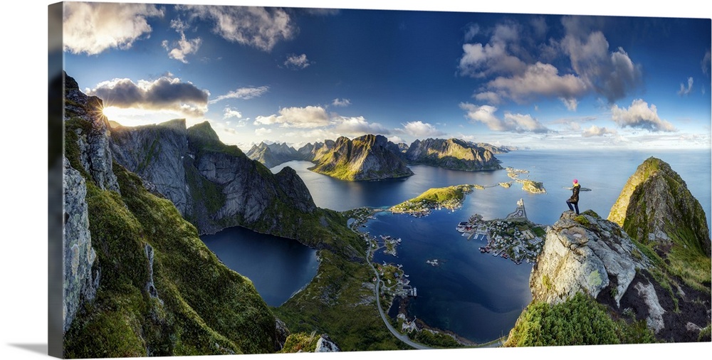 A panoramic view of the stunning vista of Reinebringen, Norway.