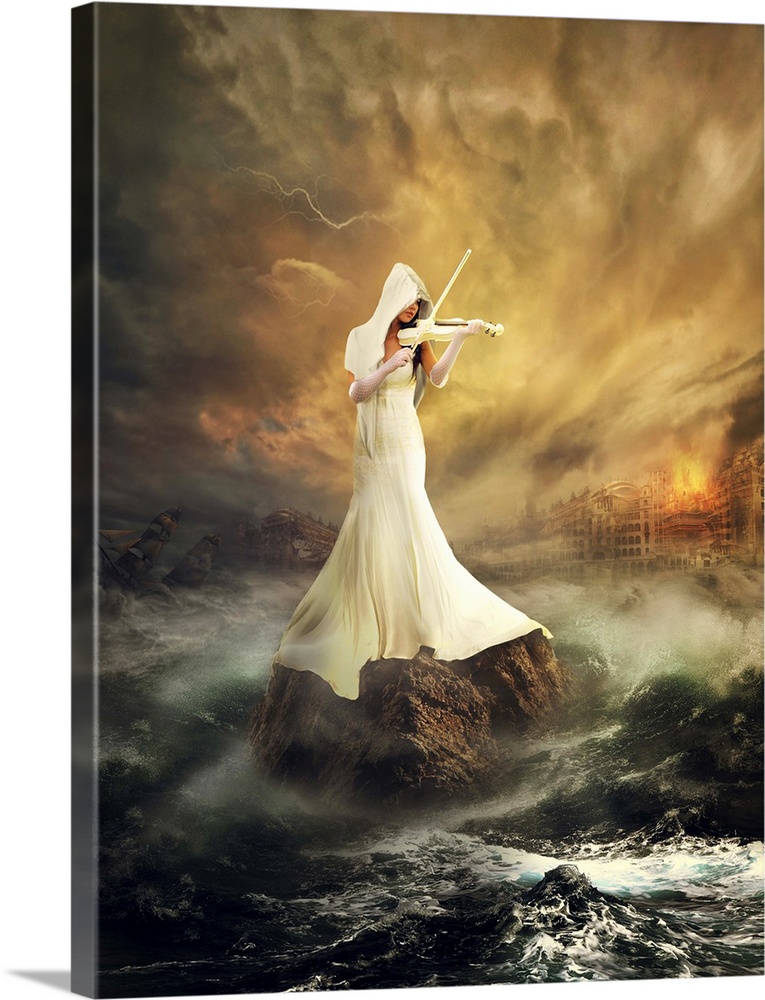 Conceptual image of a woman in white playing a violin on a rock in a stormy sea.