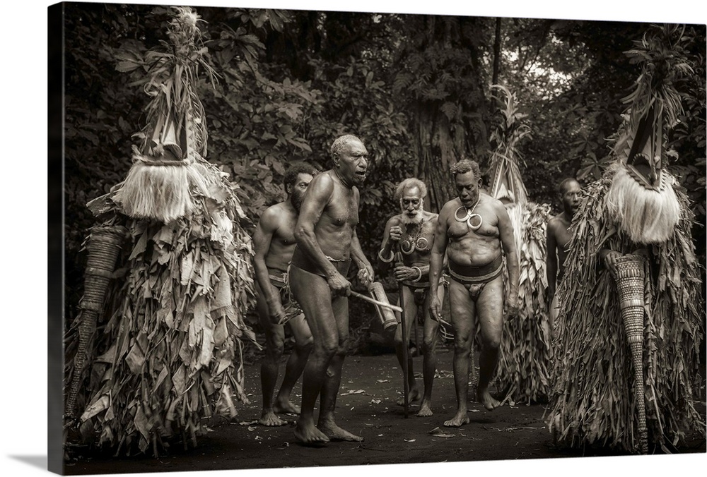 Older men partaking in a traditional dance in Fanla village, Vanuatu.