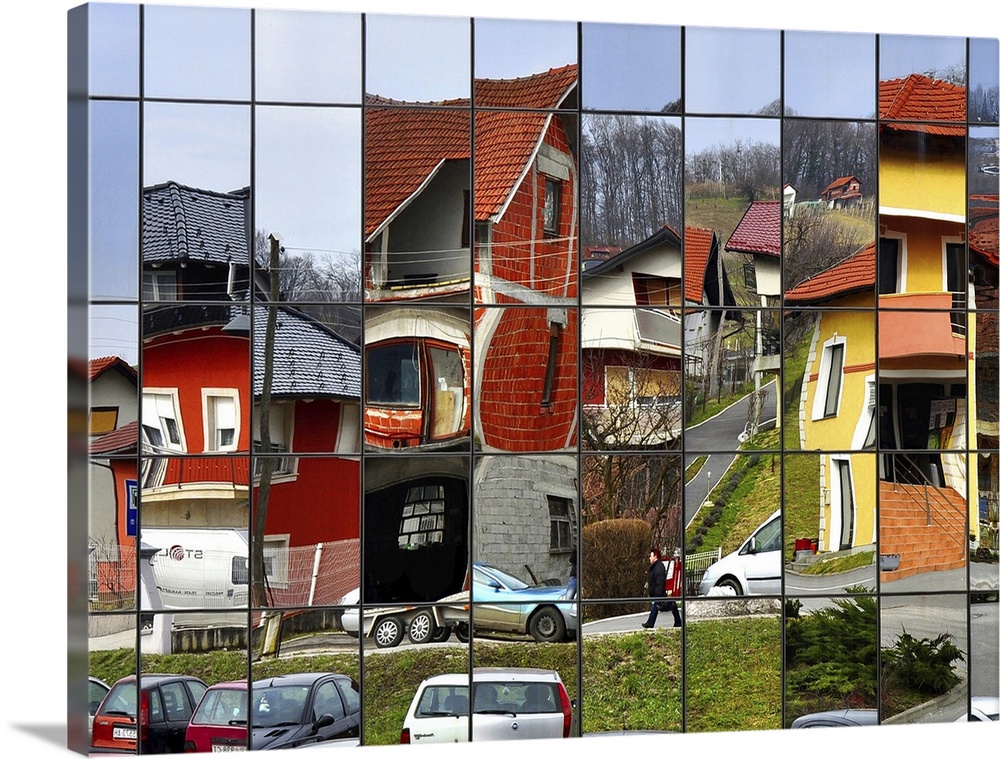 Images of colorful buildings reflected in a window grid, creating a patchwork pattern.