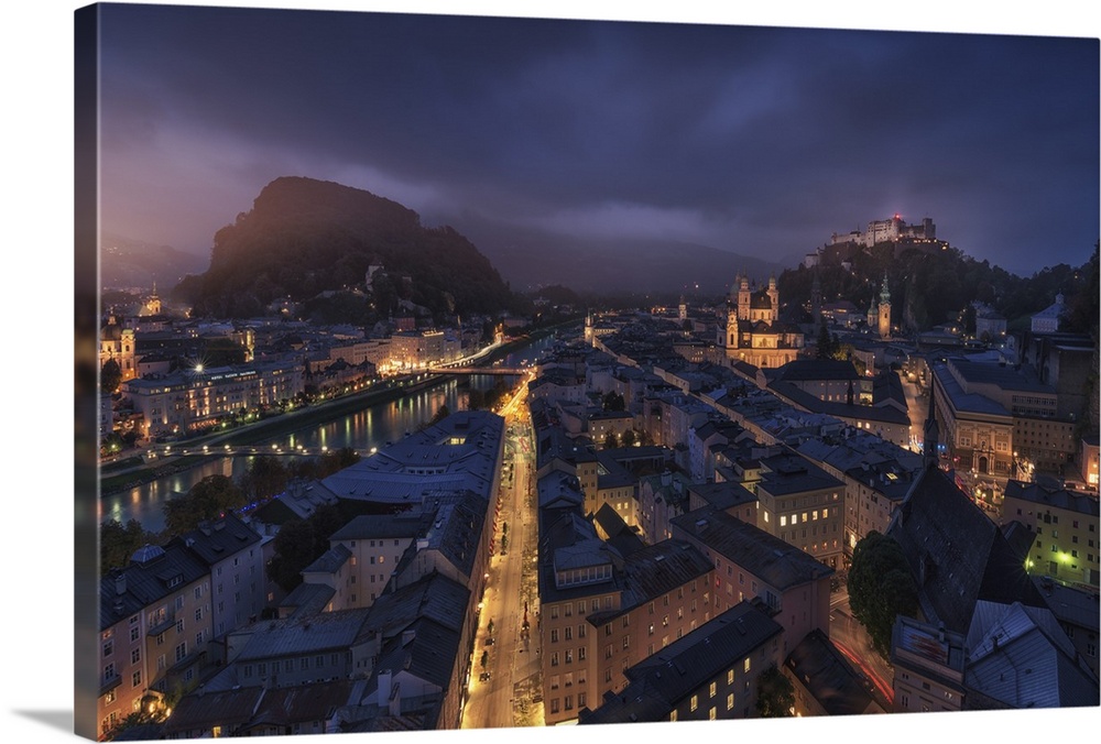 The city of Salzburg, Austria, illuminated at night.