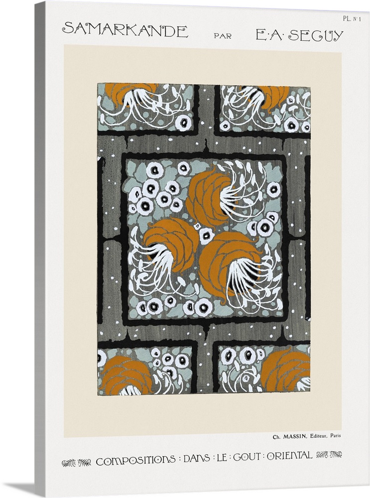 Flower pochoir pattern in Art Nouveau oriental style.