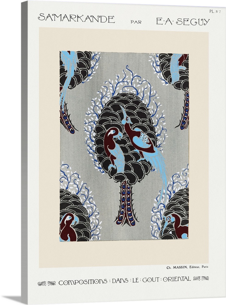 Art Nouveau bird pattern pochoir print in oriental style.