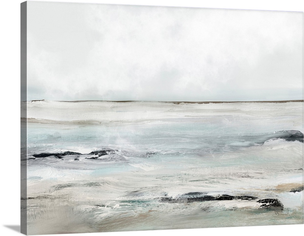 A contemporary abstract seascape with waves washing over dark rocks under a grey sky. Perfect for a beach theme or any coo...