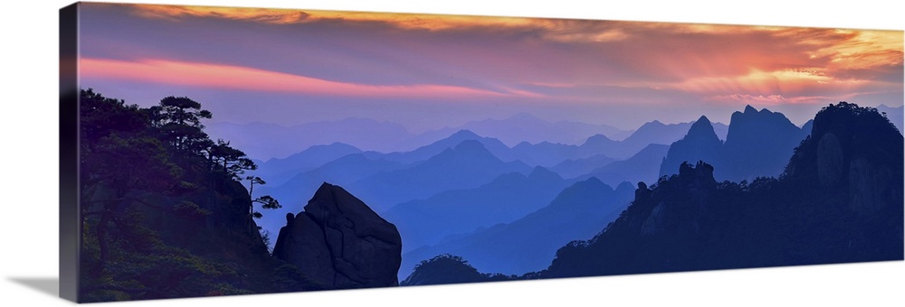 Beautiful, colorful panoramic landscape of Mount Sanqing, China at sunset.