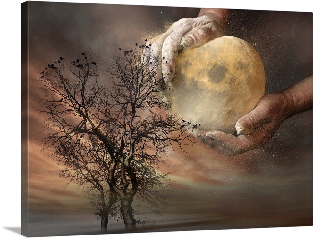 Conceptual image of a baker shaping the moon as if it were dough, in the sky over a tree.