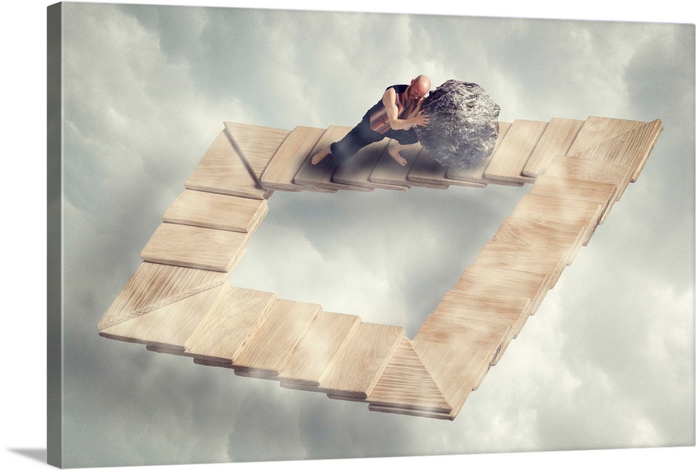 Conceptual image of a man pushing a boulder up a staircase, which appears infinite.