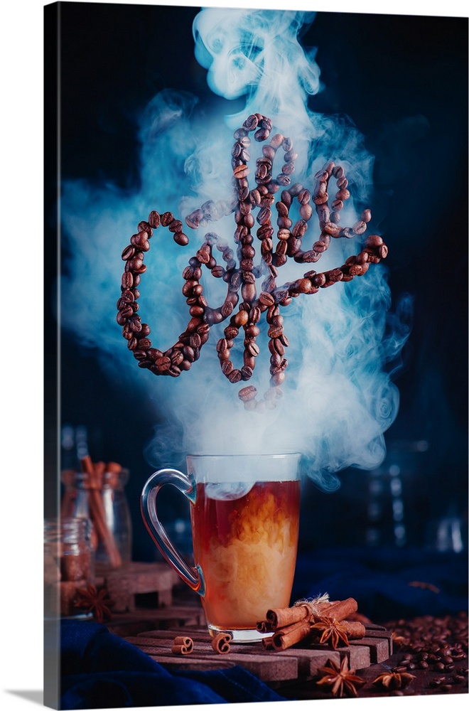 Dark food photo with coffee cup, steam and lettering made from coffee beans.
