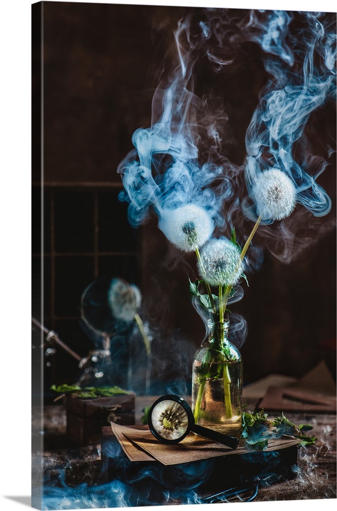 Botanical still life with scientist's workplace, dandelions in a glass bottle and a blue smoke on a dark background.