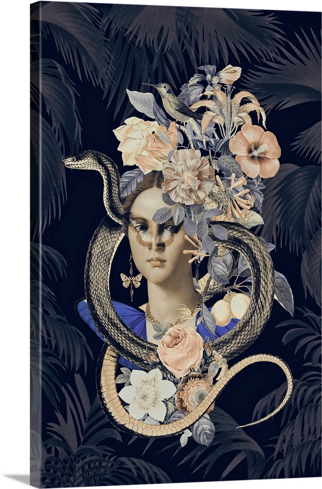 Collage with historical portrait of a woman with exotic flowers and snake.