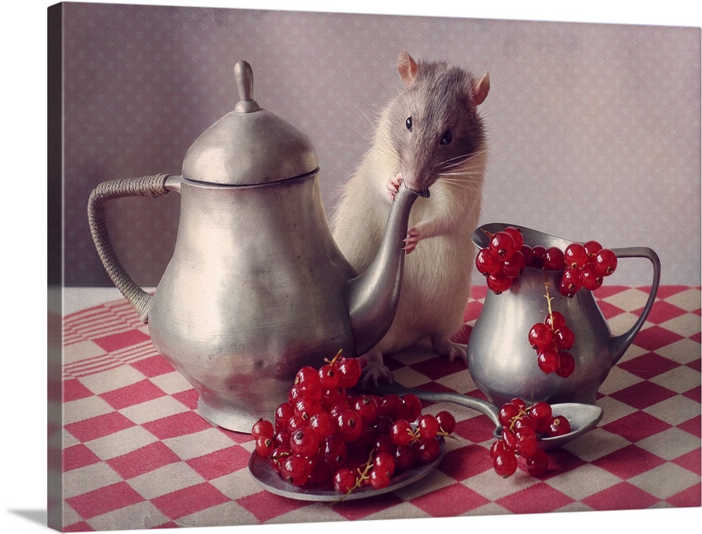 A conceptual still-life photograph of a rat with a teapot and fruit.