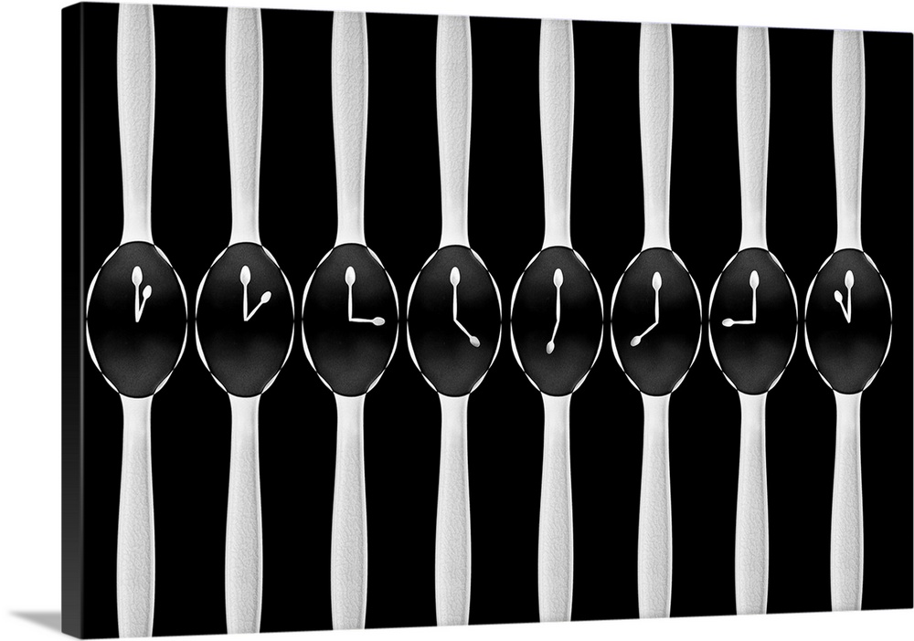 Abstract image of plastic spoons arranged to resemble a row of clocks.