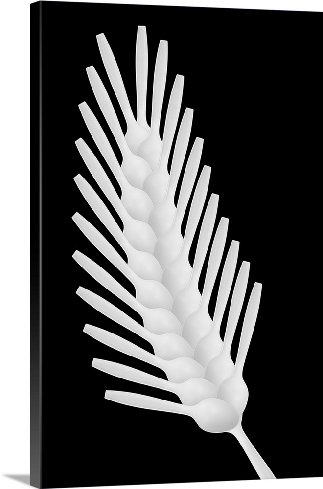 Abstract image of plastic spoons arranged to resemble a stalk of wheat.