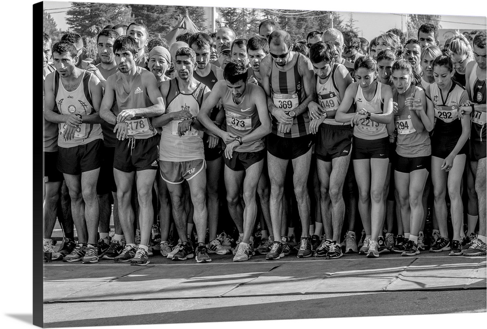 A portrait of a large group of people lined up and ready to race.