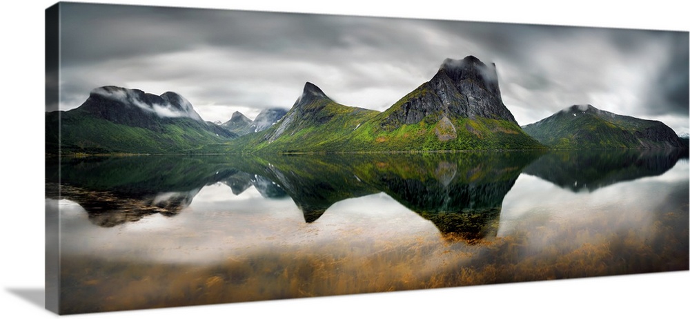 Panorama of Steinsfjorden among mountains and forest on Senja Island, Norway