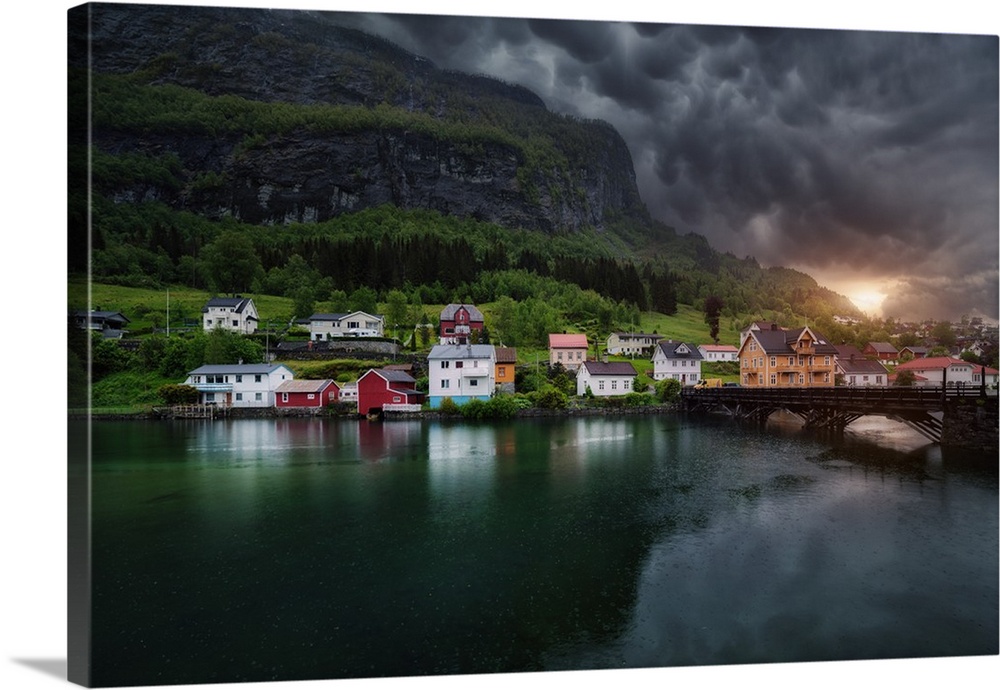 Storm clouds over the coastal city of Stryn in Norway.