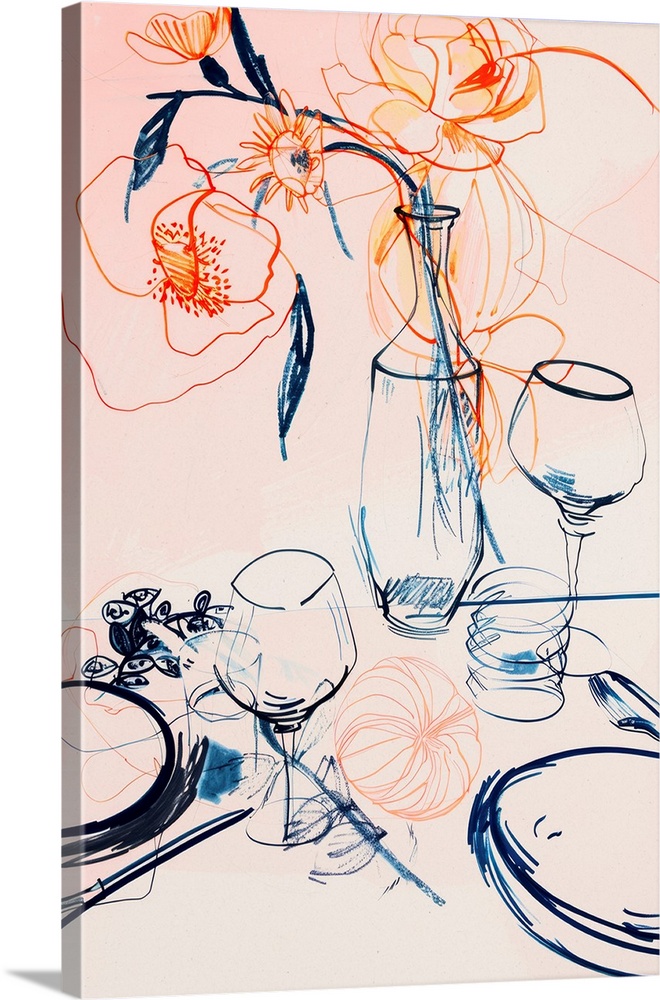 Simple outlines of a dinner table originally drawn with a blue marker on cream paper with pastel peach brushstrokes of gou...