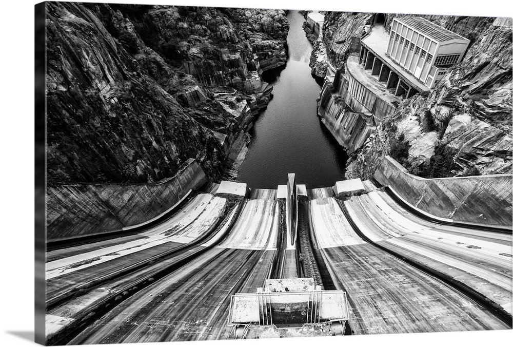Looking down the slope of the Picote dam toward the river gorge, Portugal.