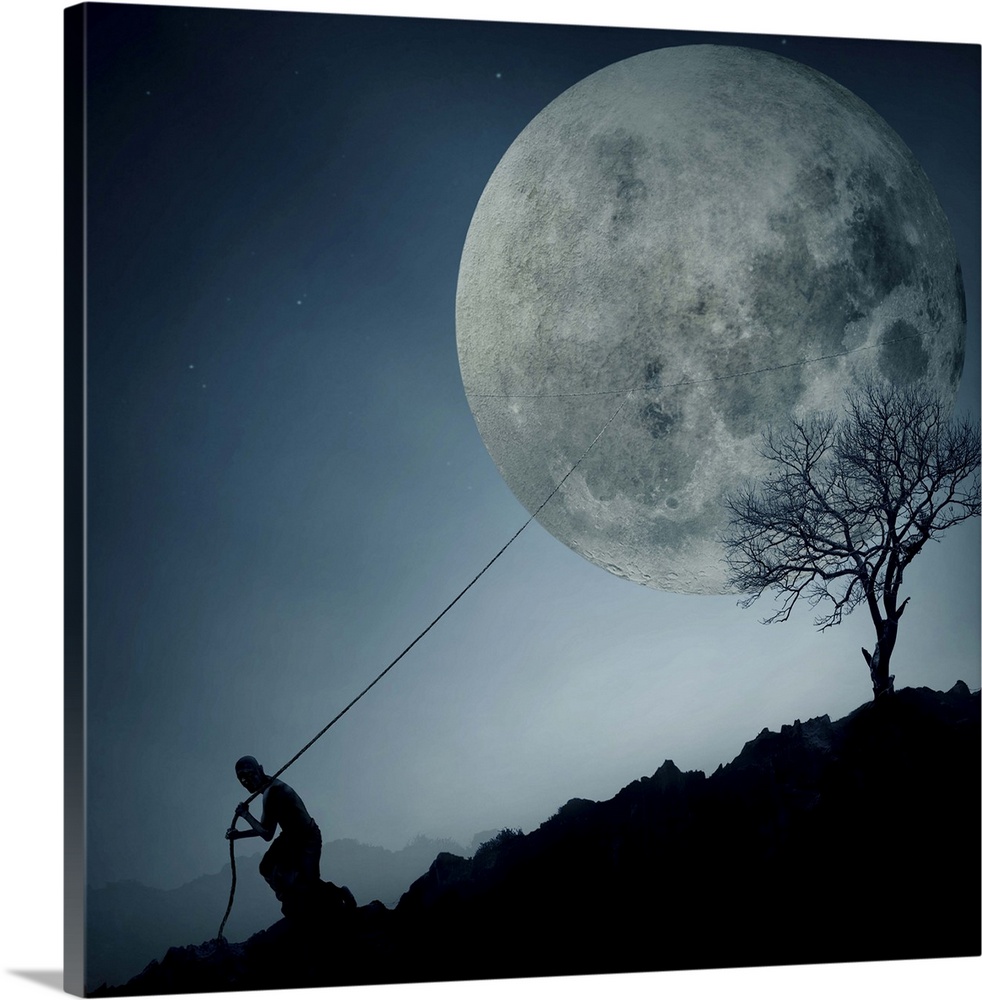 Conceptual image of a man pulling the moon behind him with a rope, down a hill.