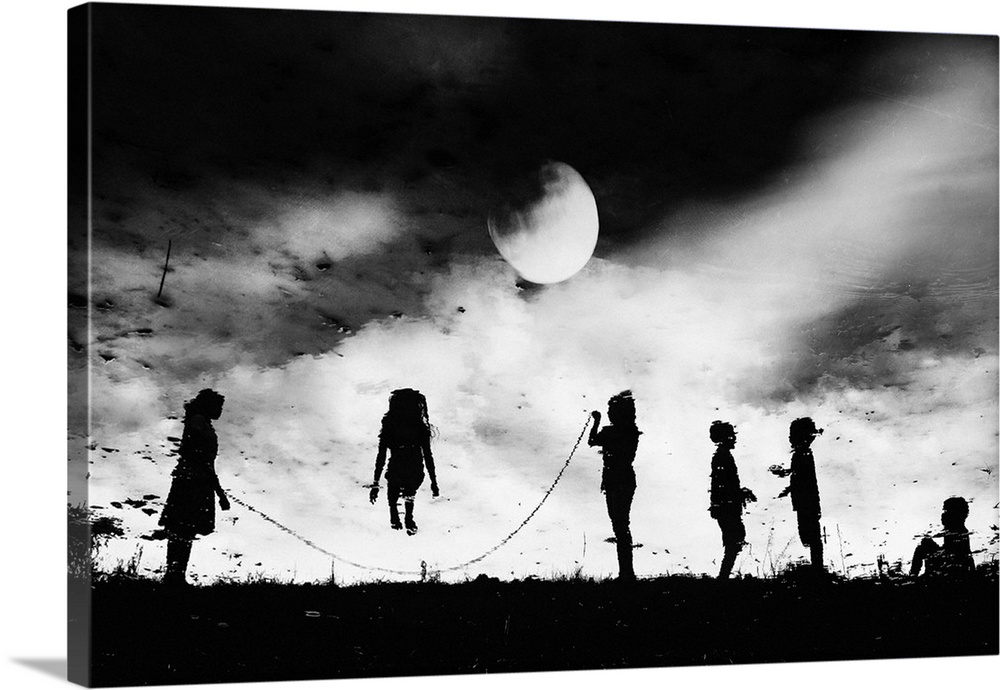 Children in silhouette jumping rope under the moonlight.