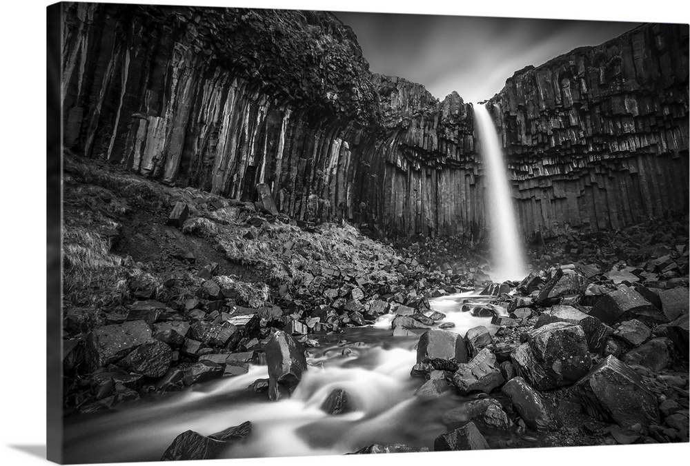 The Svartifoss Waterfall in the columnar basalt cliffs in Iceland.