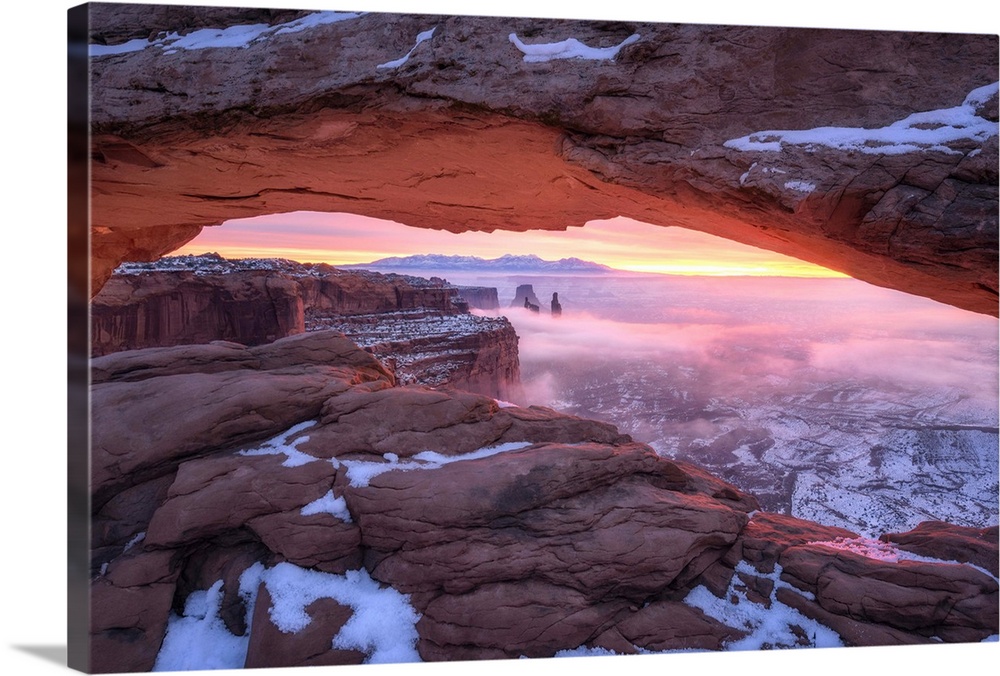 Morning light glowing on the fresh snow at Canyonlands National Park, Utah.