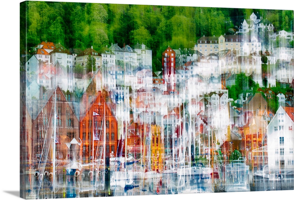 Ships in the harbor of Bergen, Norway, with an abstract blur effect.