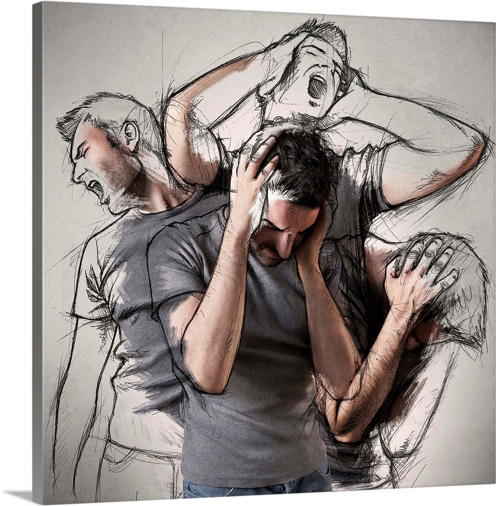 A conceptual photograph of a man grabbing his head as in pain with multiple posses of the same man in an illustrative style.