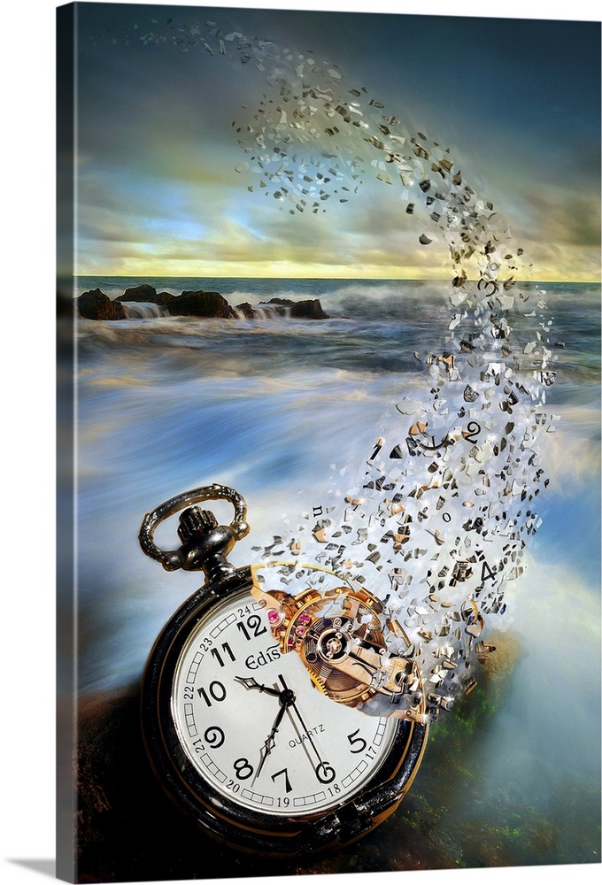 Conceptual photograph of a pocket watch disintegrating over a coastline overlooking the sea.