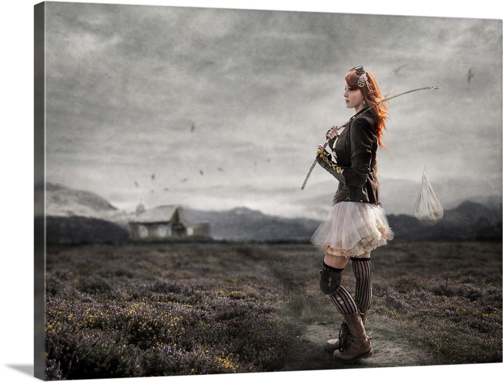 A conceptual photograph of a woman wearing steampunk attire and standing in an ethereal landscape.